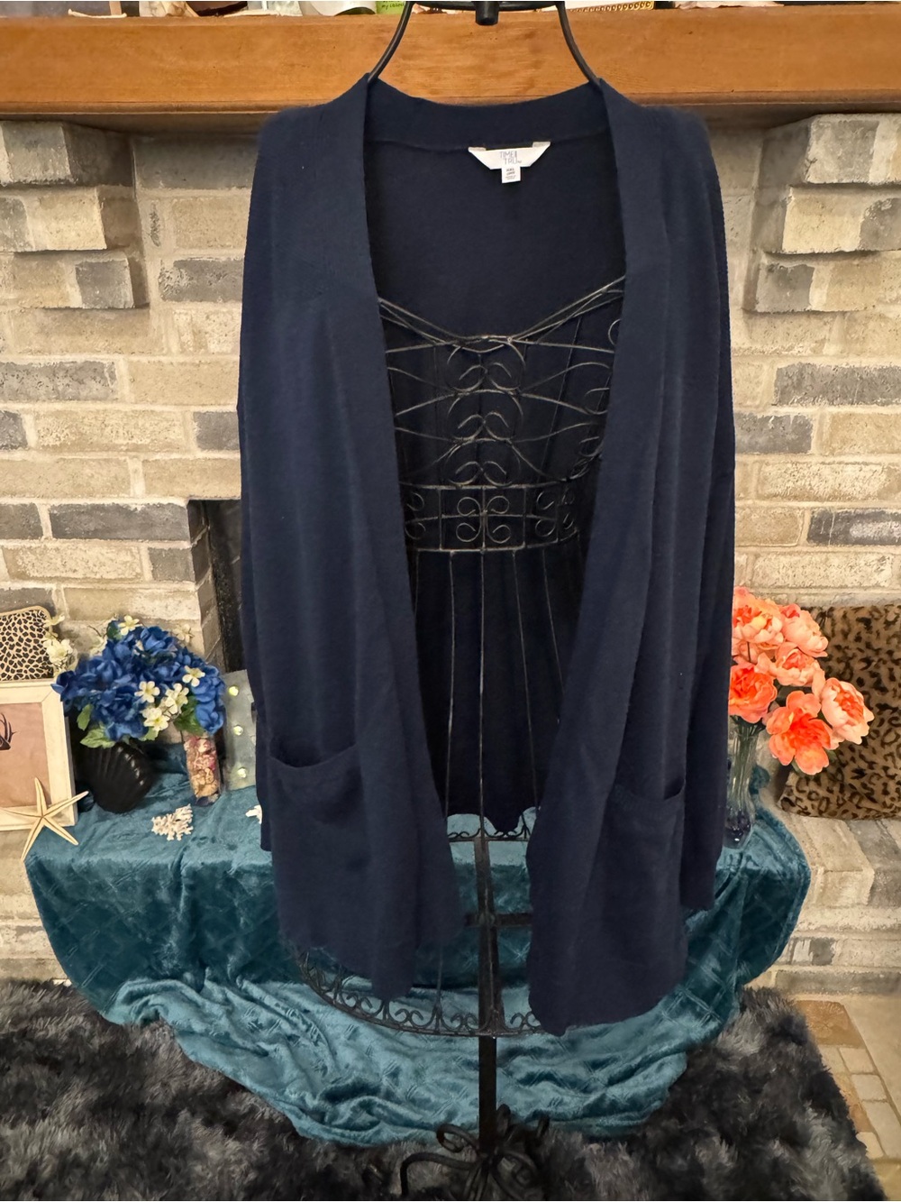 Time and Tru Navy Open-Front Pocket Cardigan